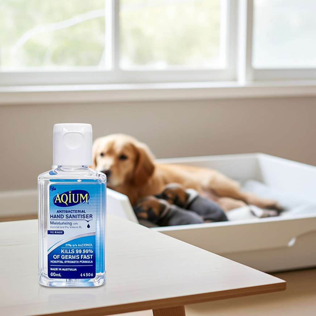 Aquui hand sanitizer bottle on a table with a dog with pups in the background