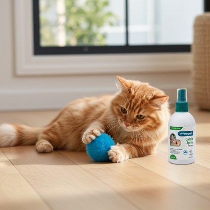 Cat playing with a blue ball of yarn on a wooden floor next to a bottle of catnip spray.