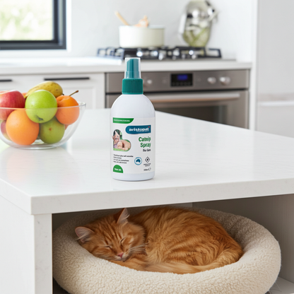 Cat lying on a pet bed asleep with a bottle of Catnip Spray on a kitchen counter.