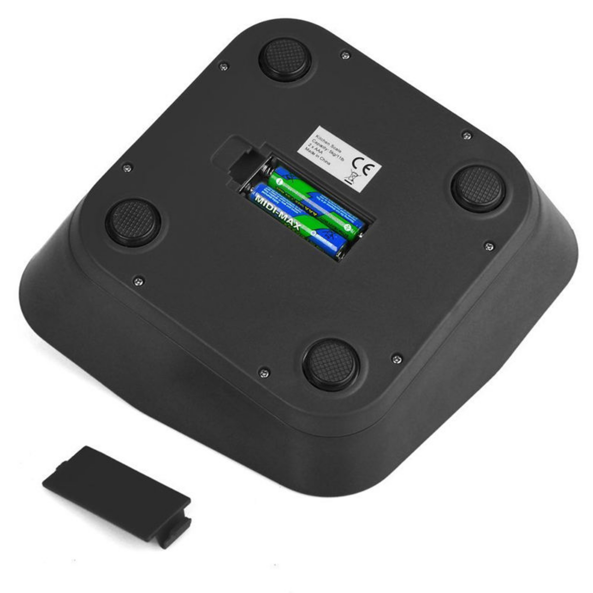 Black weigh scales with battery compartment on a white background