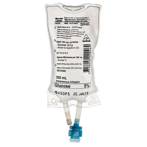 Glucose infusion bag with label on a white background