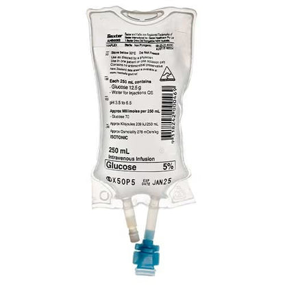 Glucose infusion bag with label on a white background