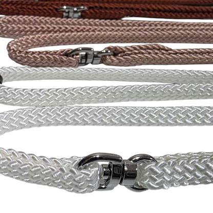 Set of Beau Pets 7mm Flat Nylon Martingale Show Leads with metal swivel clasps in various colors on a white background