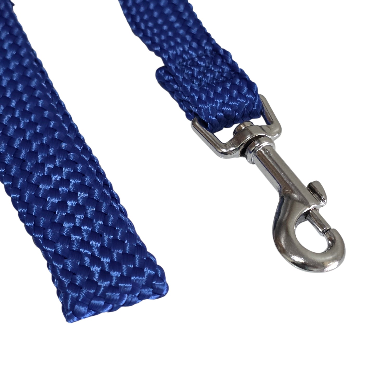 Beau Pets Double Nylon 60 Blue Close Up dog leash with a silver metal clip on a white background
