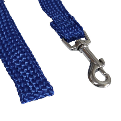 Beau Pets Double Nylon 60 Blue Close Up dog leash with a silver metal clip on a white background