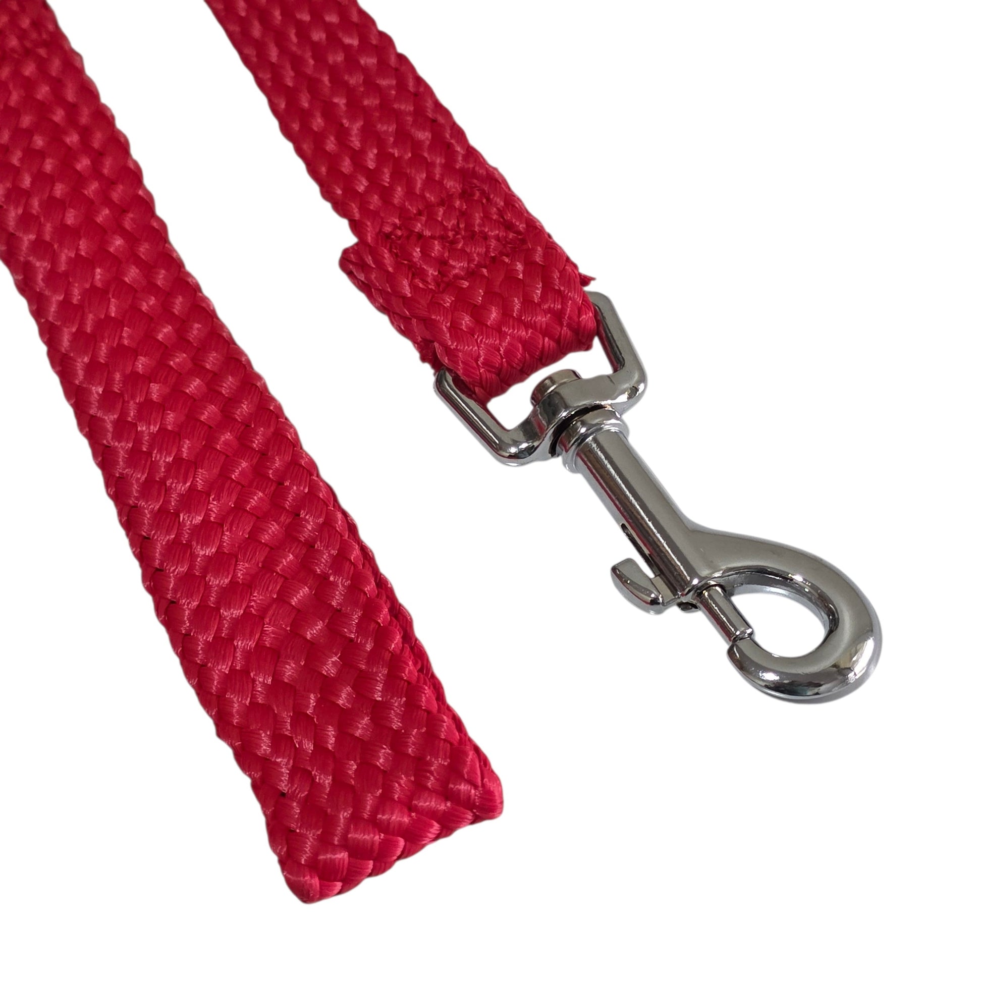 Red Beau Pets Double Nylon 60 dog leash with a silver clip on a white background