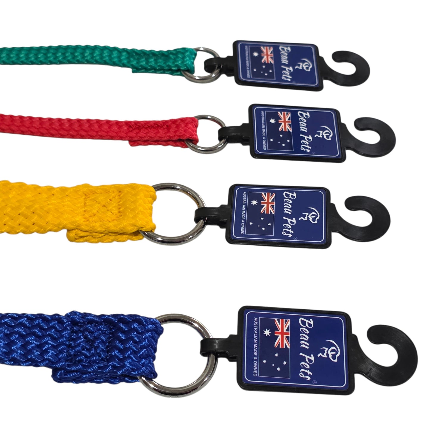 Four Beau Pets Slip Leads 10mm and 20mm in green, red, yellow, and blue on a white background.