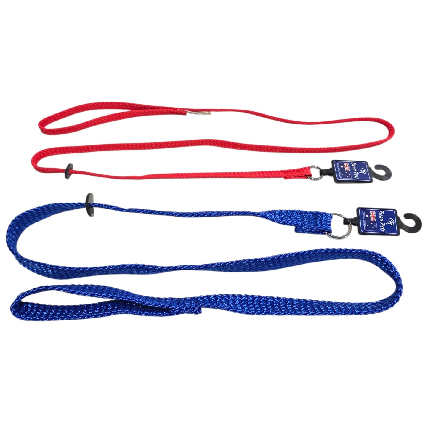 Red and blue Beau Pets Slip Leads 10mm and 20mm on a white background