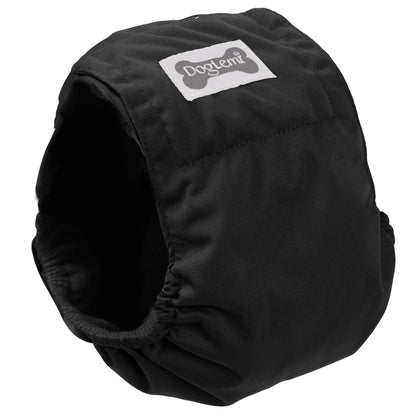 Black dog diaper with a visible brand logo on a white background