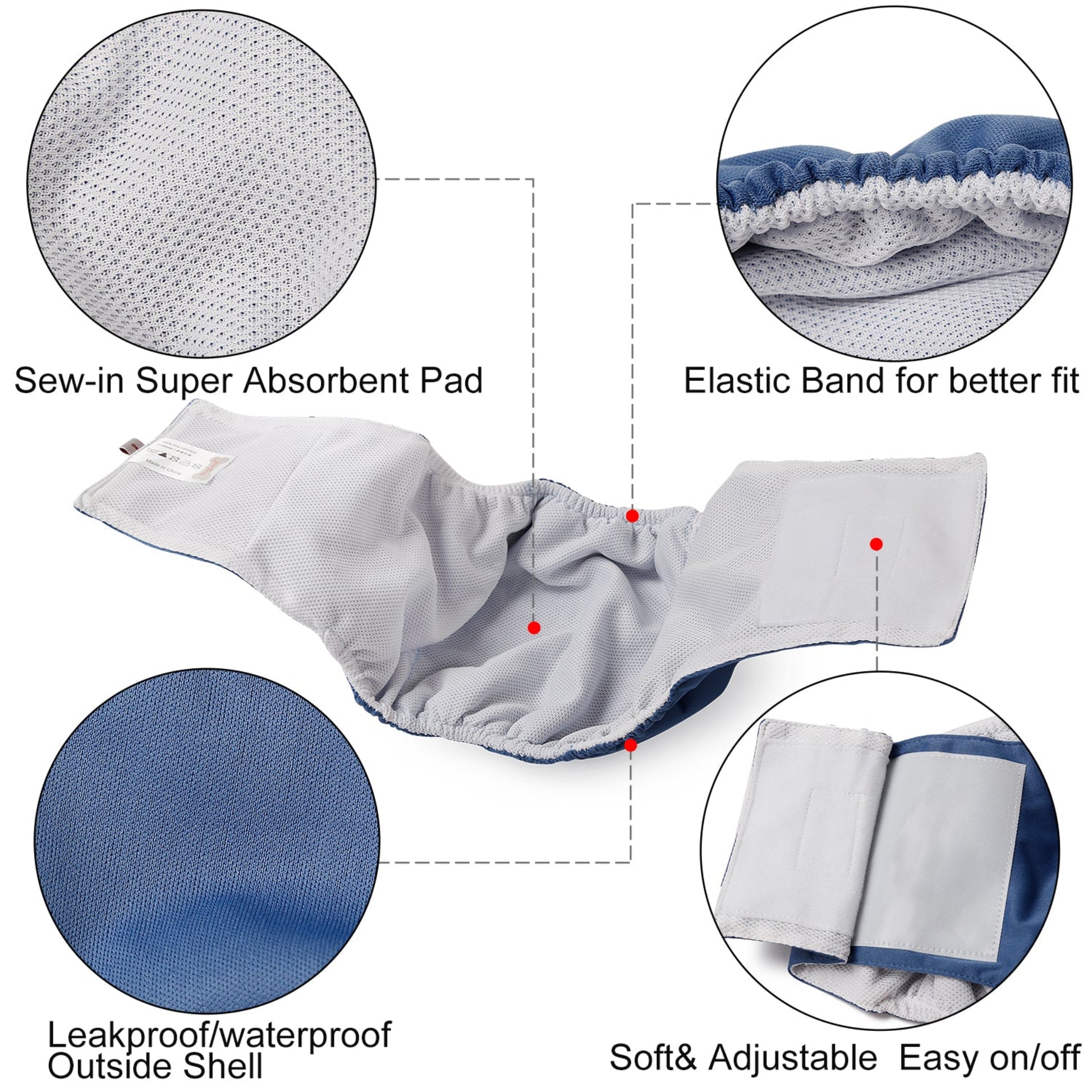 Product details of a diaper with features like sew-in absorbent pad, elastic band, leakproof shell, and soft adjustable design.
