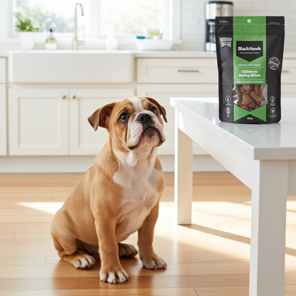 Bulldog sitting on a wooden floor next to a table with a bag of BlackHawk puppy treats.