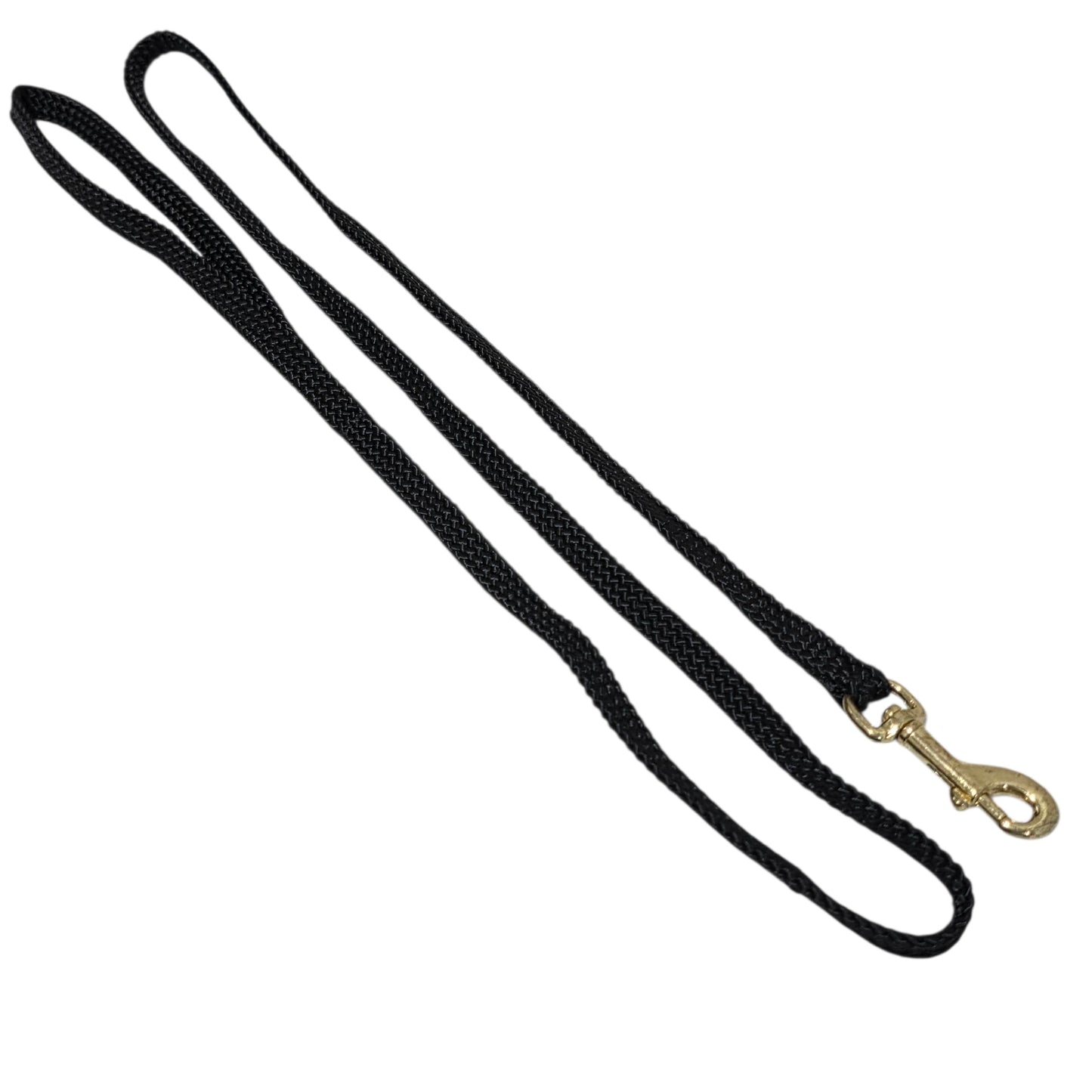 Black Beau Pets dog leash with a brass clip on a white background