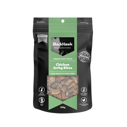 Black Hawk Chicken Jerky Bites packaging on a white background