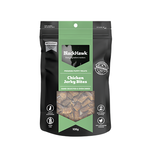 Black Hawk Chicken Jerky Bites packaging on a white background