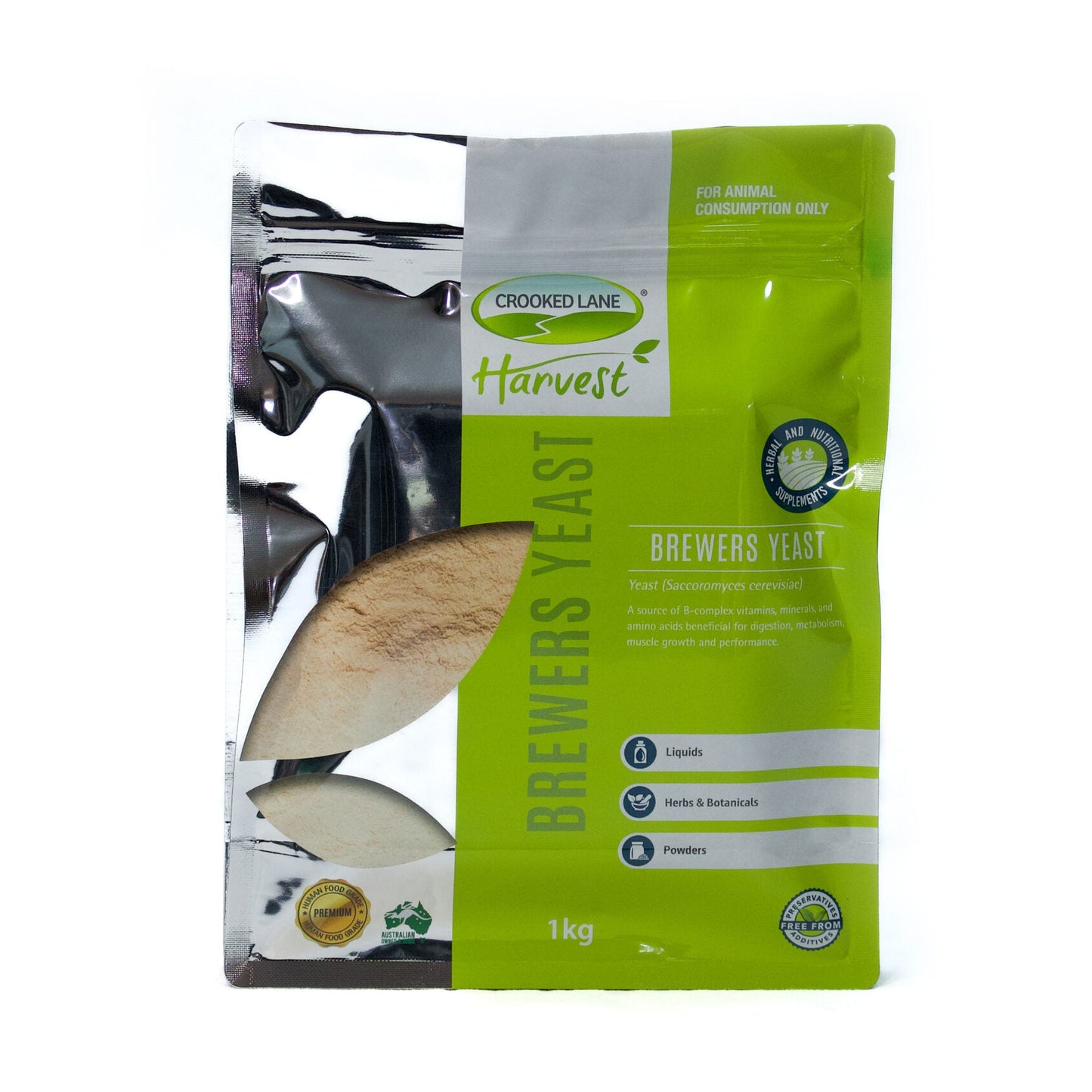 Green package of Crooked Lane Harvest Brewers Yeast on a white background
