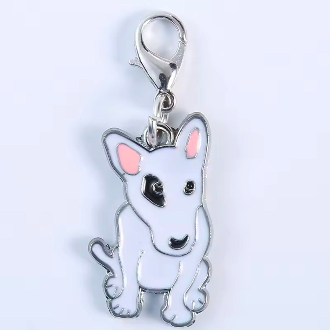 Bull Terrier Key Tag  with a silver clasp on a light gray background