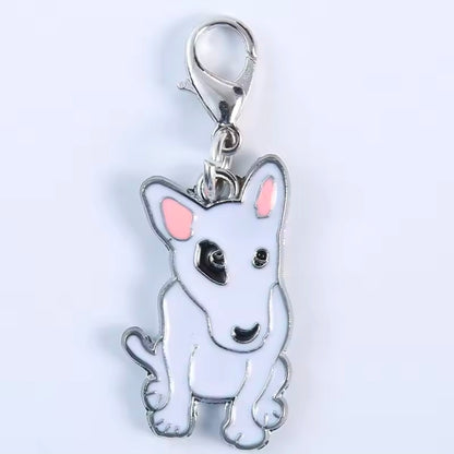 Bull Terrier Key Tag  with a silver clasp on a light gray background