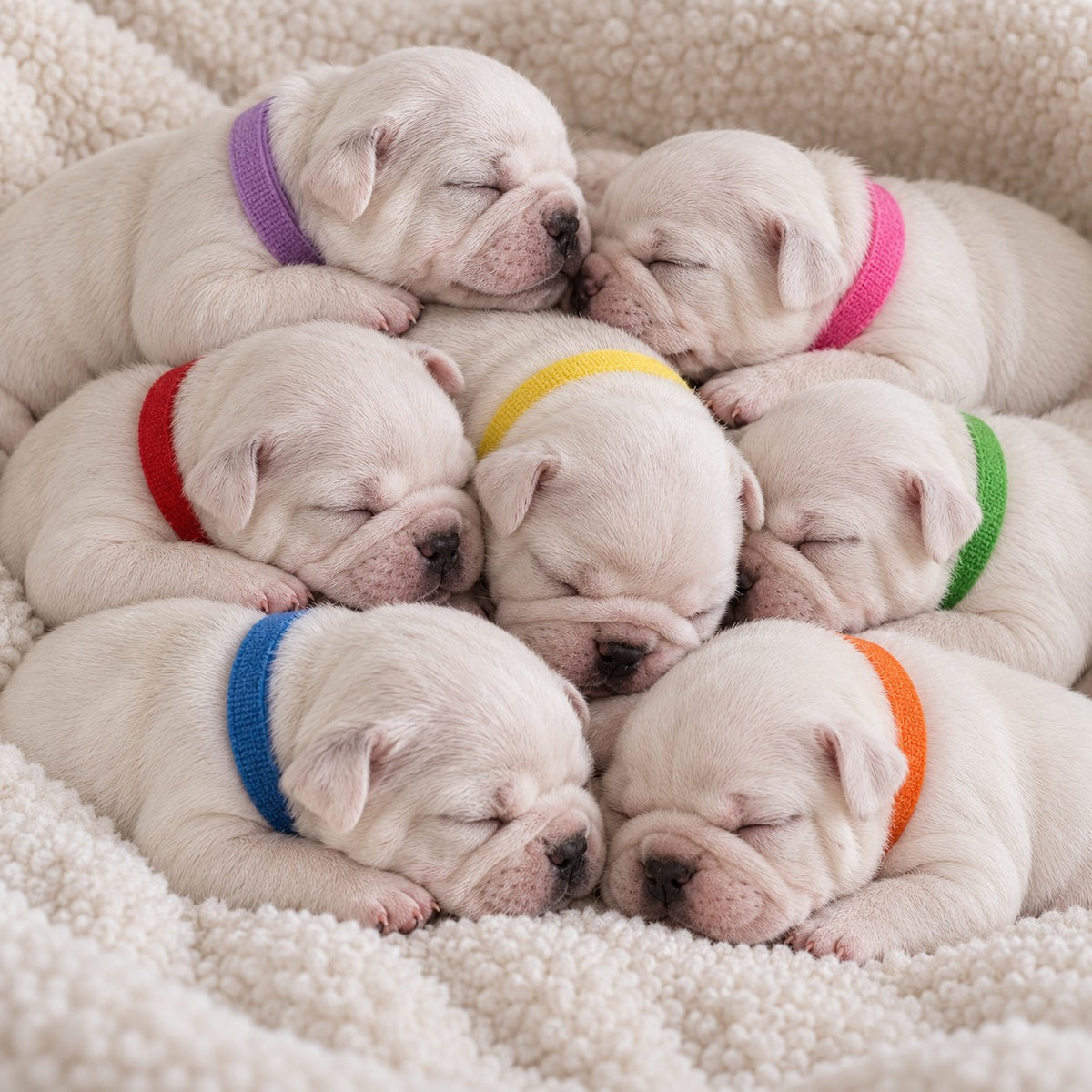 Seven white puppies sleeping closely together on a soft cream-colored textured blanket, each wearing a different colored Oz Fur Kids Velcro puppy identification collars in purple, pink, yellow, red, green, orange, and blue.