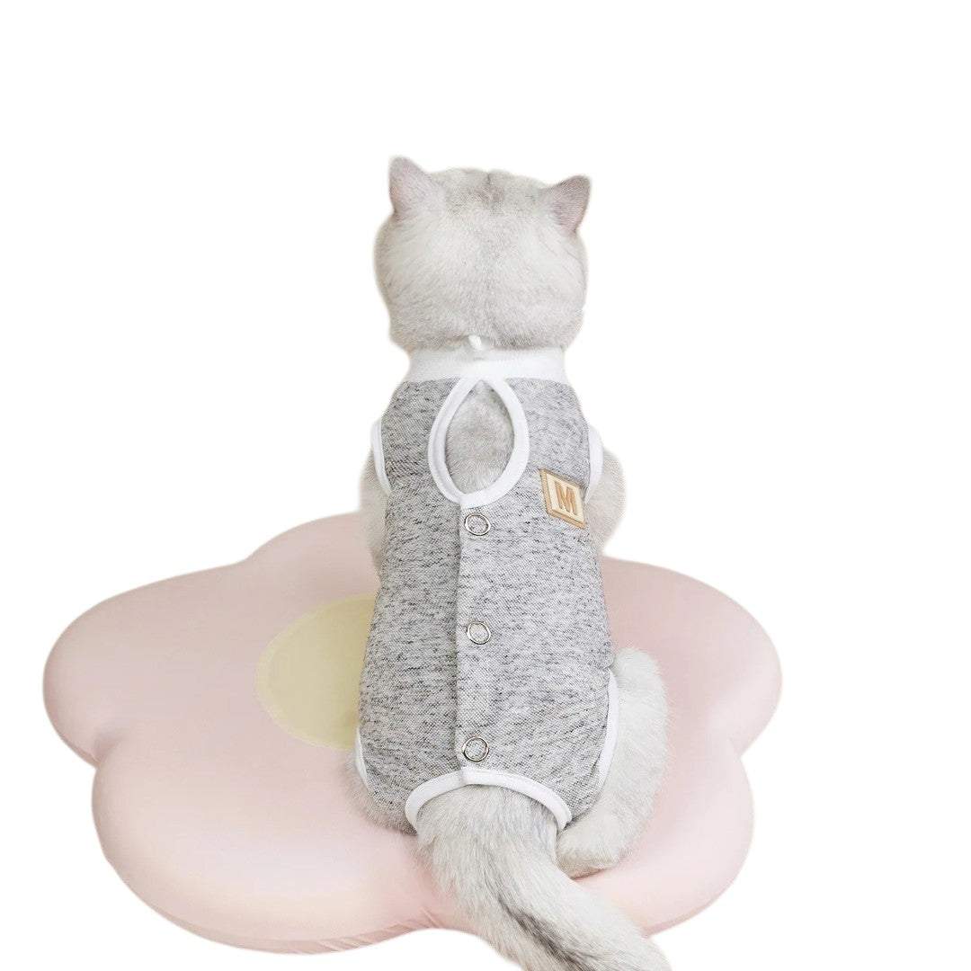 Cat wearing a grey Button Up Cat Recovery Suit on a white background