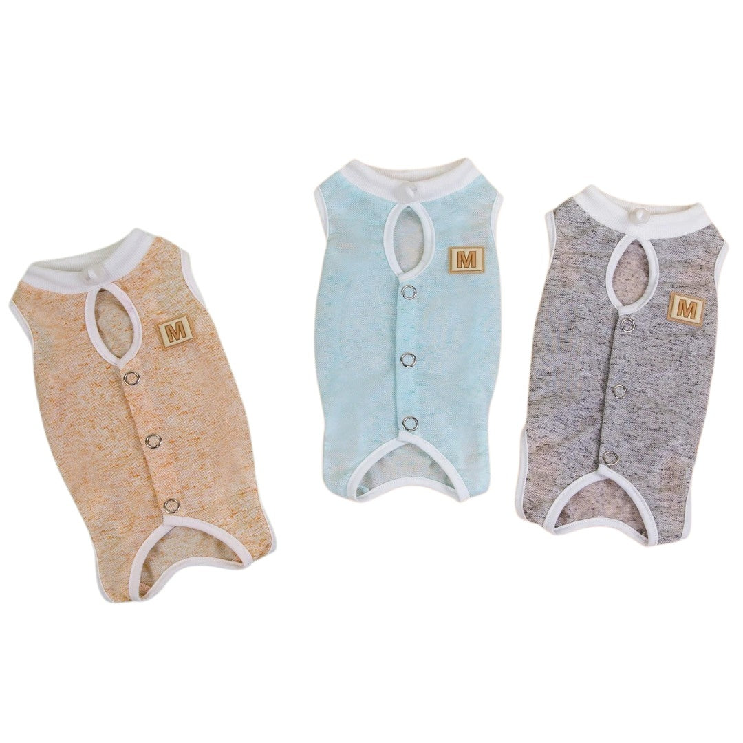 Three Button Up Cat Recovery Suits baby rompers in orange, blue, and grey on a white background