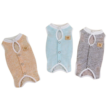 Three Button Up Cat Recovery Suits baby rompers in orange, blue, and grey on a white background