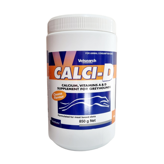 A container of Virbac Calci-D Powder for greyhounds, featuring product information and branding.