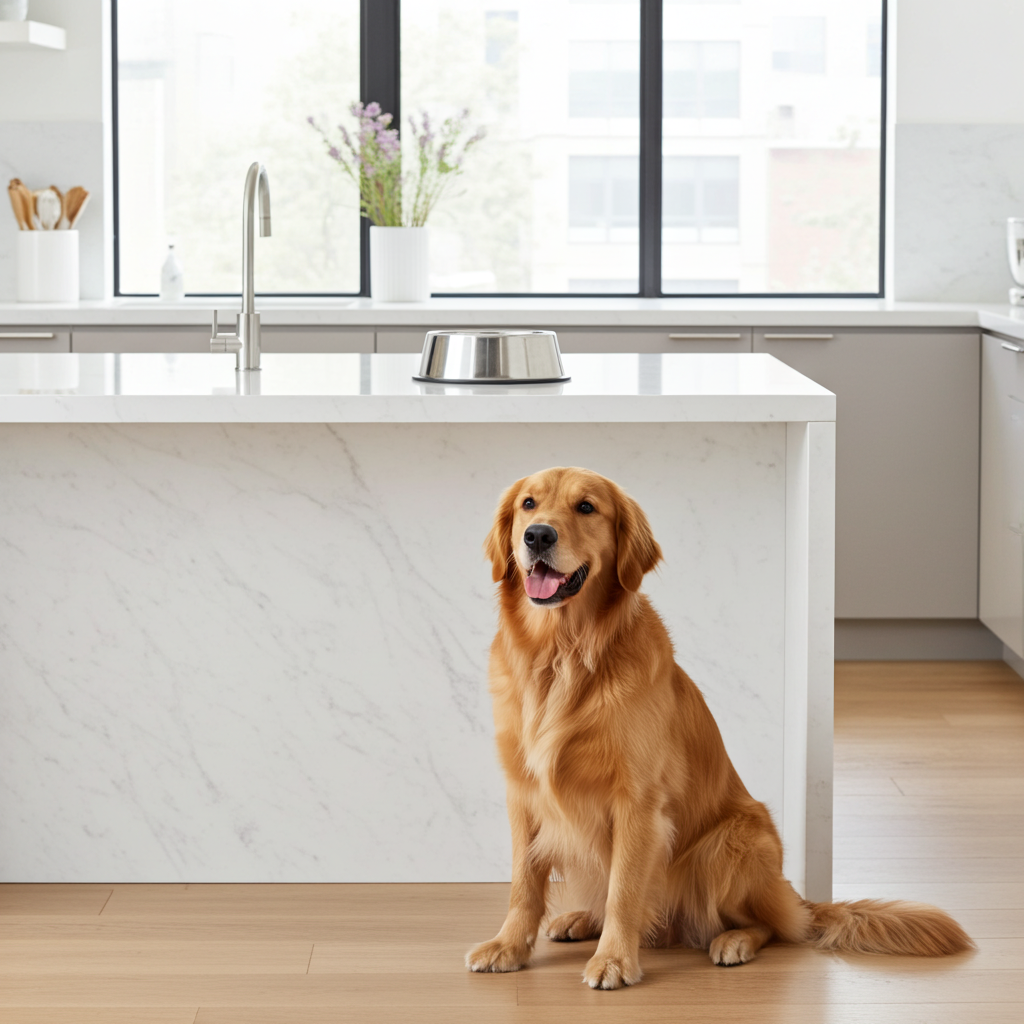 Dog sitting in a modern kitchen with a white island and large windows and food bowl on the kitchen bench.