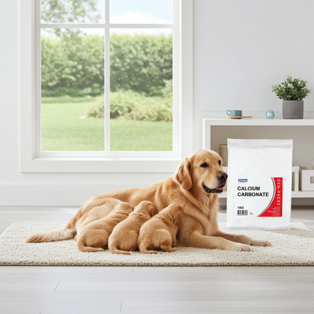 Dog with puppies and a bag of calcium carbonate supplement in a bright room.