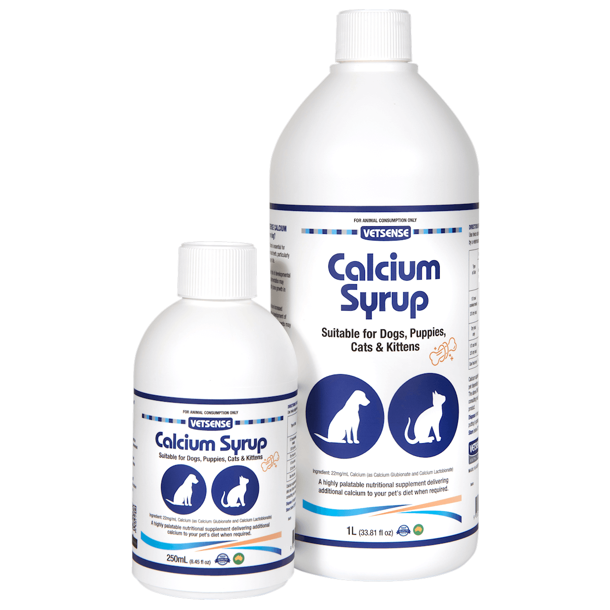 Two bottles of Vetsense Calcium Syrup, one smaller and one larger, with labels indicating they are for pets including dogs, puppies, cats, and kittens.