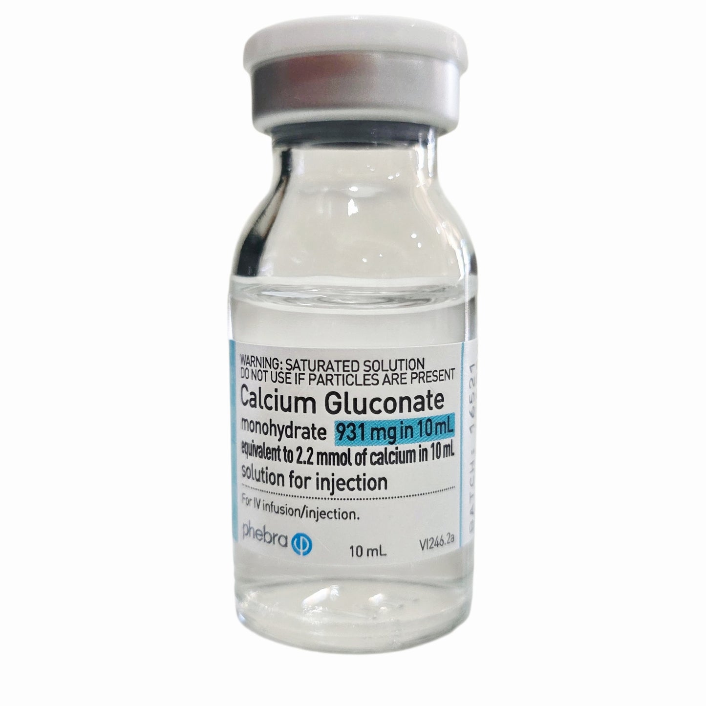 Vial of Calcium Gluconate solution for injection on a white background