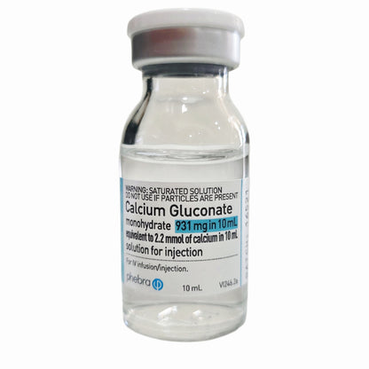 Vial of Calcium Gluconate solution for injection on a white background