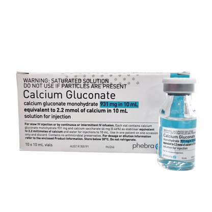 A vial labeled Calcium Gluconate Injection 10mL, with a warning label indicating it is a supersaturated solution. The packaging includes product information and branding.