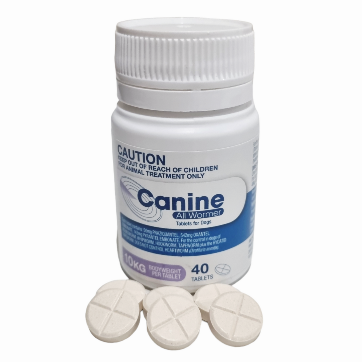Bottle of Canine All Wormer with tablets on a white background