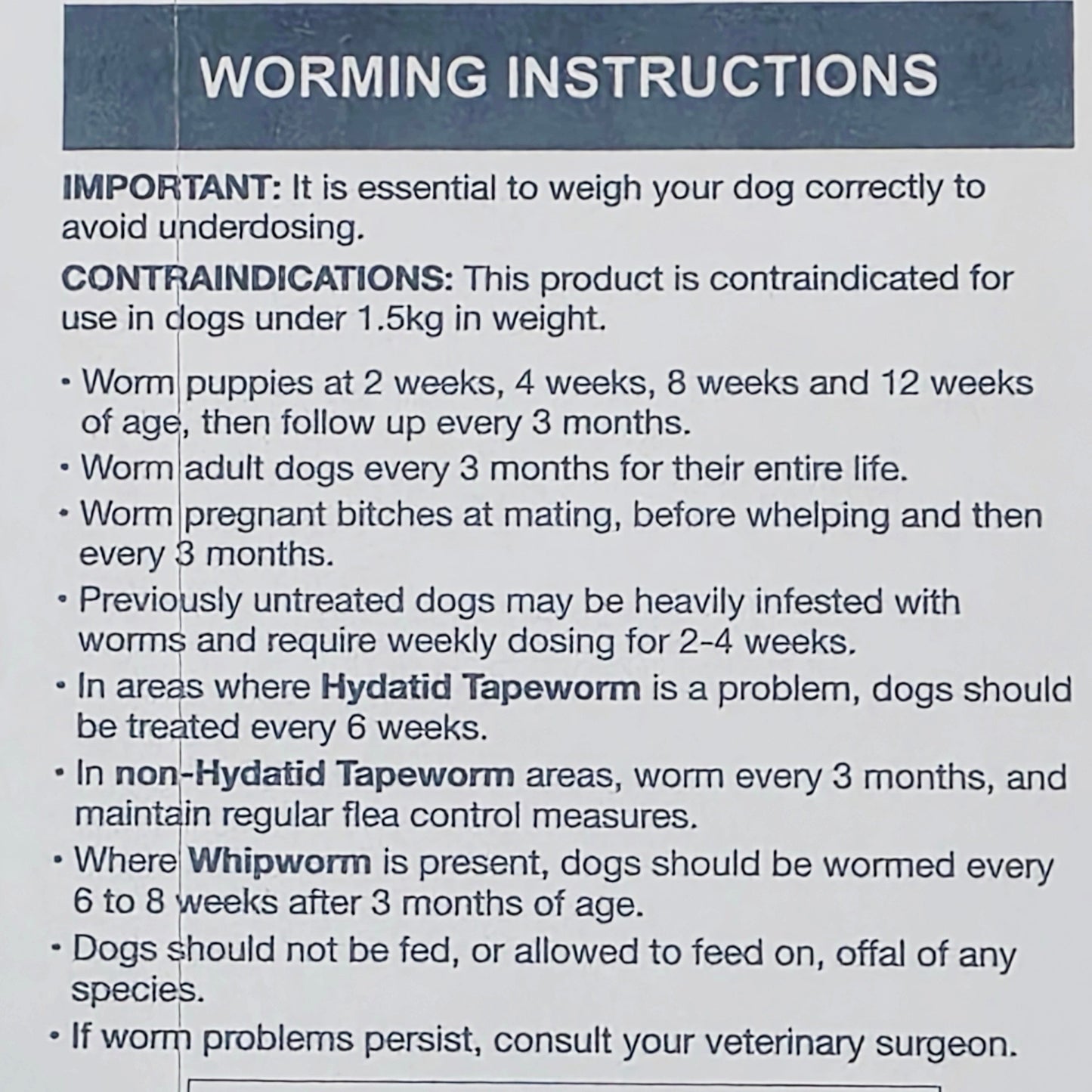 Worming instructions for dogs on a blue background