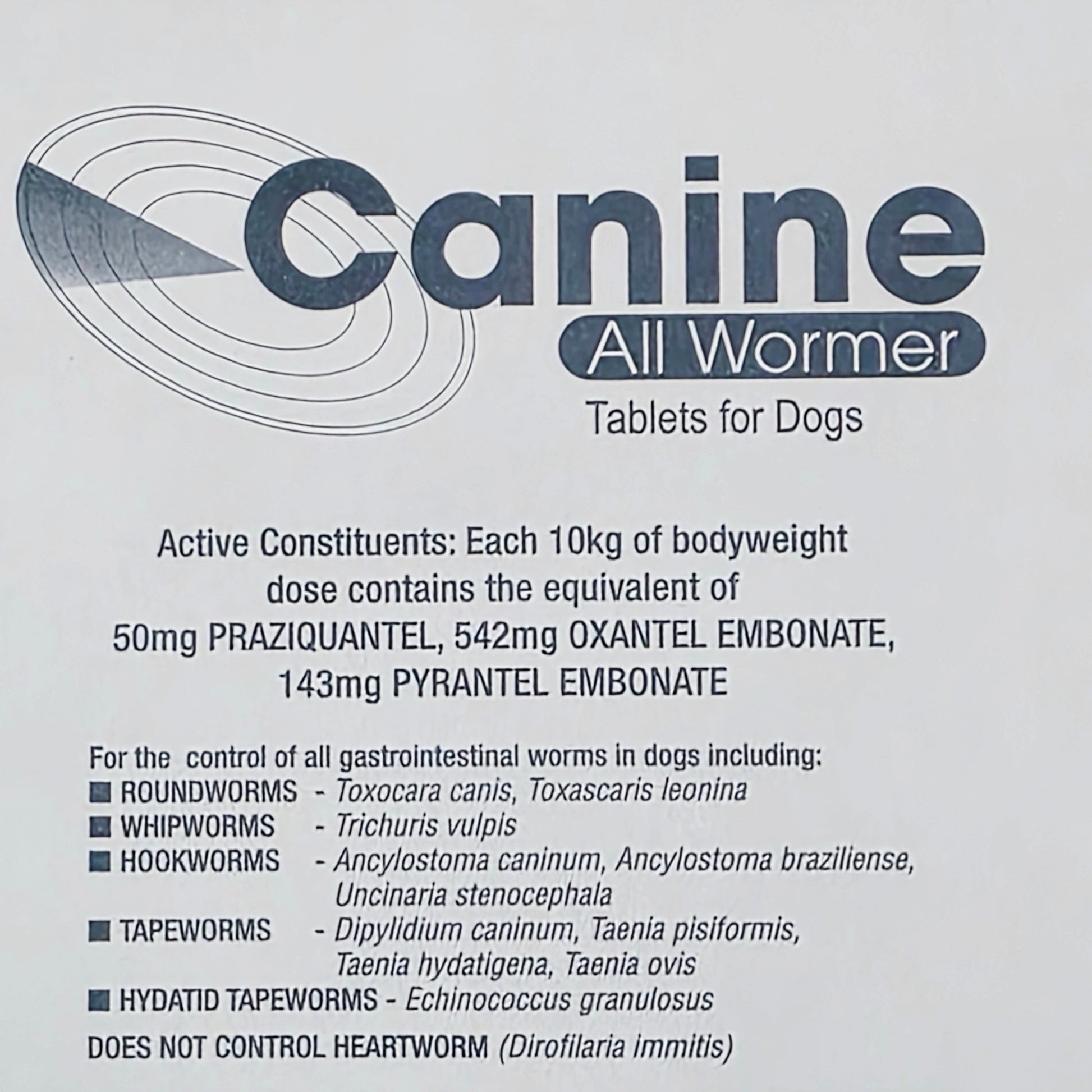 Canine All Wormer packaging for dogs with text and product details.