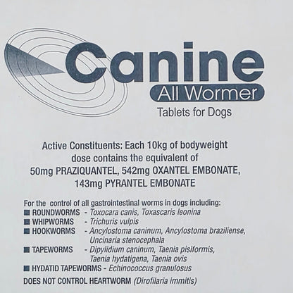 Canine All Wormer packaging for dogs with text and product details.