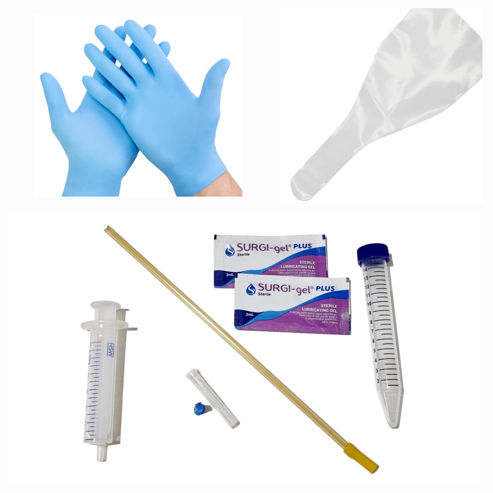 A collection of canine artificial insemination products including sterile gloves, a syringe, a pipette, a vial, a sheath, and lubricant.