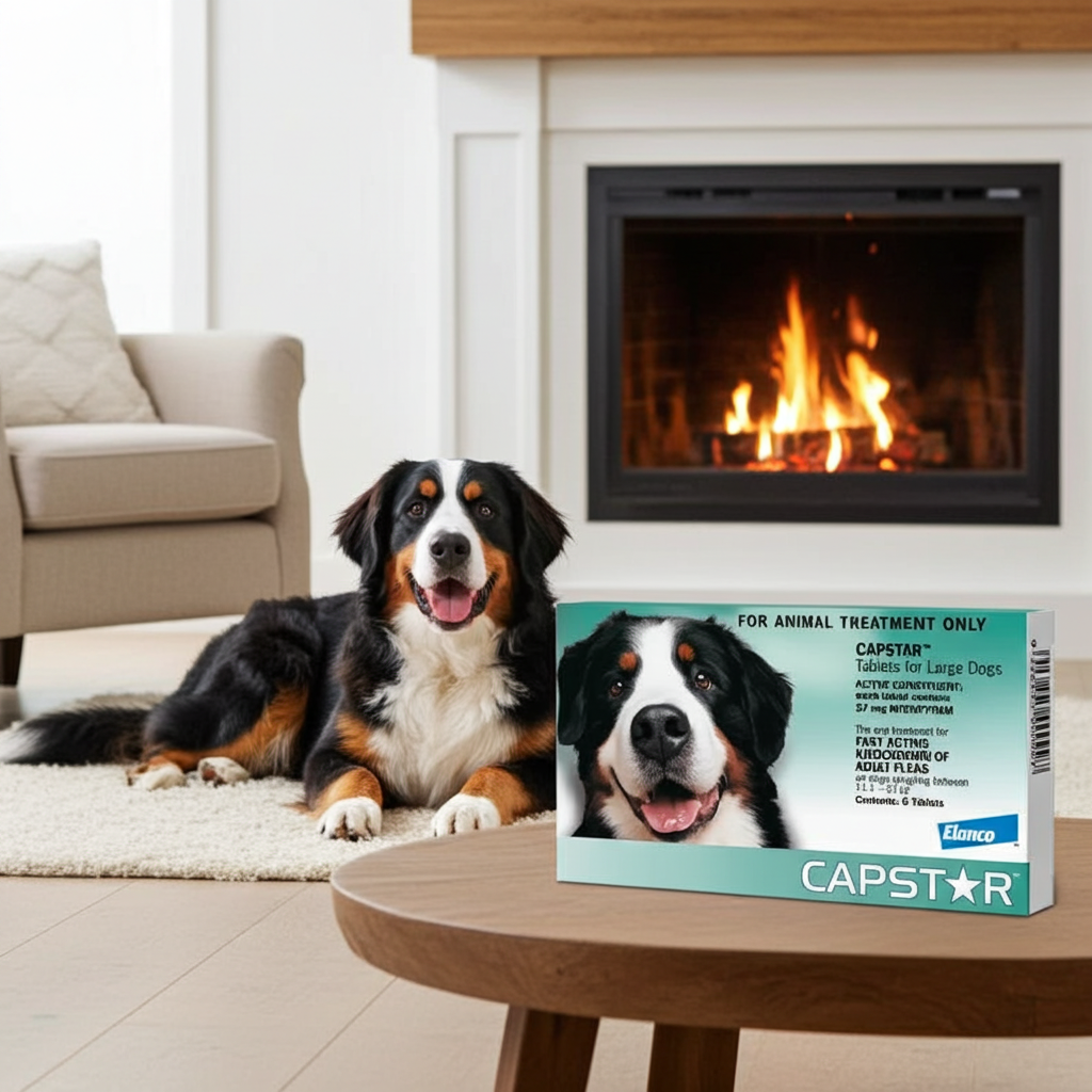 Dog lying on a rug next to a box of CAPSTAR in a living room with a fireplace.