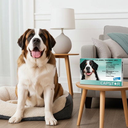 Dog sitting on a pet bed with a CAPSTAR box in the background