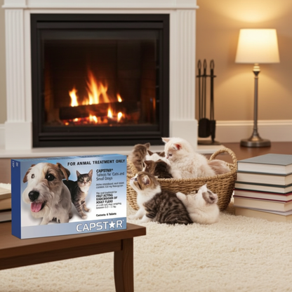 Capstar product box with cats around a fireplace in a cozy living room.