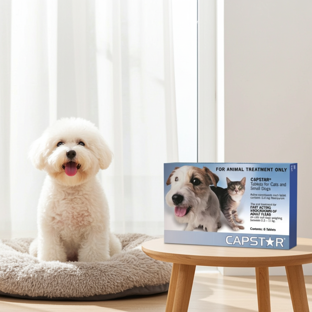 Small white dog sitting on a pet bed next to a CAPSTAR box on a wooden table.