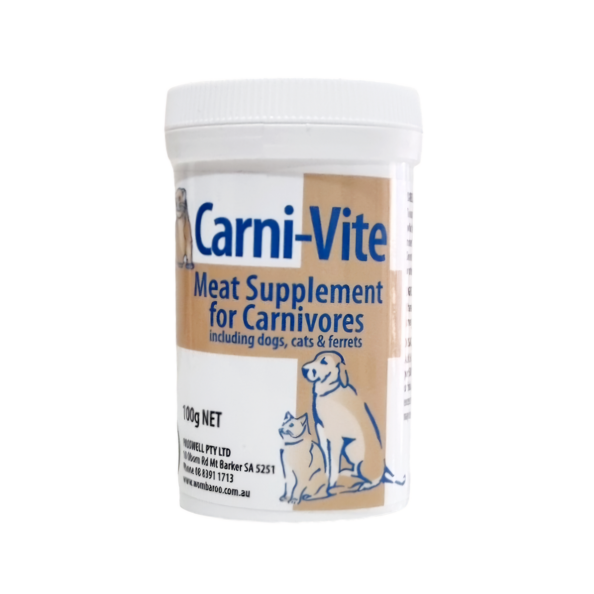 A container of Carni-Vite Meat Supplement for Carnivores, with a label featuring a dog and text detailing the product use for carnivorous pets.
