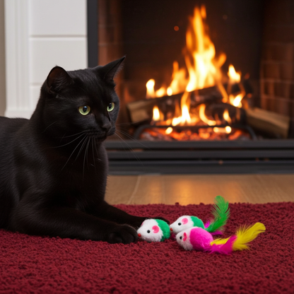 Black cat in front of a fire with Cat Mouse with Feathers toy