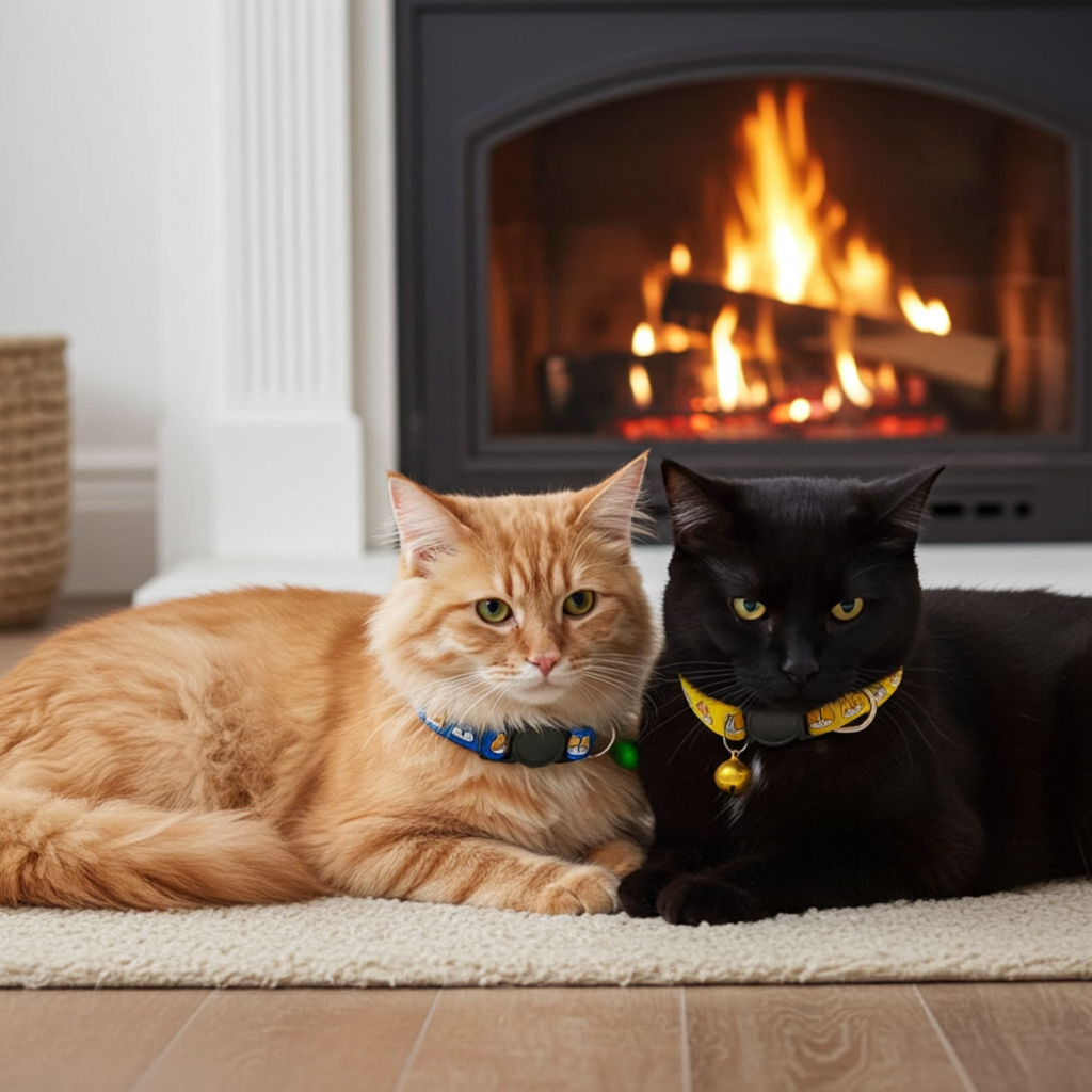 Two cats, one orange and one black, sitting on a rug in front of a fireplace.