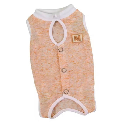 Cat recovery suit in orange with white collar and buttons on a white background