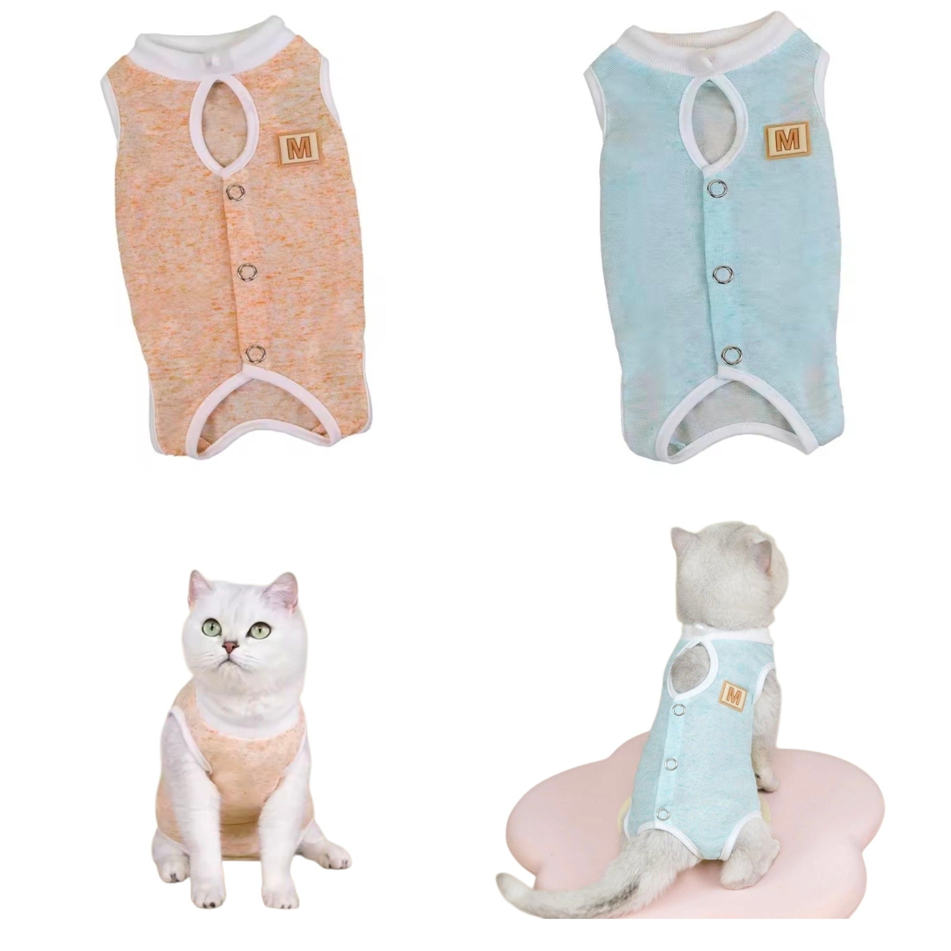 Two cat recovery suits in orange and blue with a cat model wearing each on a white background