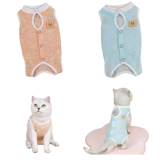 Two cat recovery suits in orange and blue with a cat model wearing each on a white background