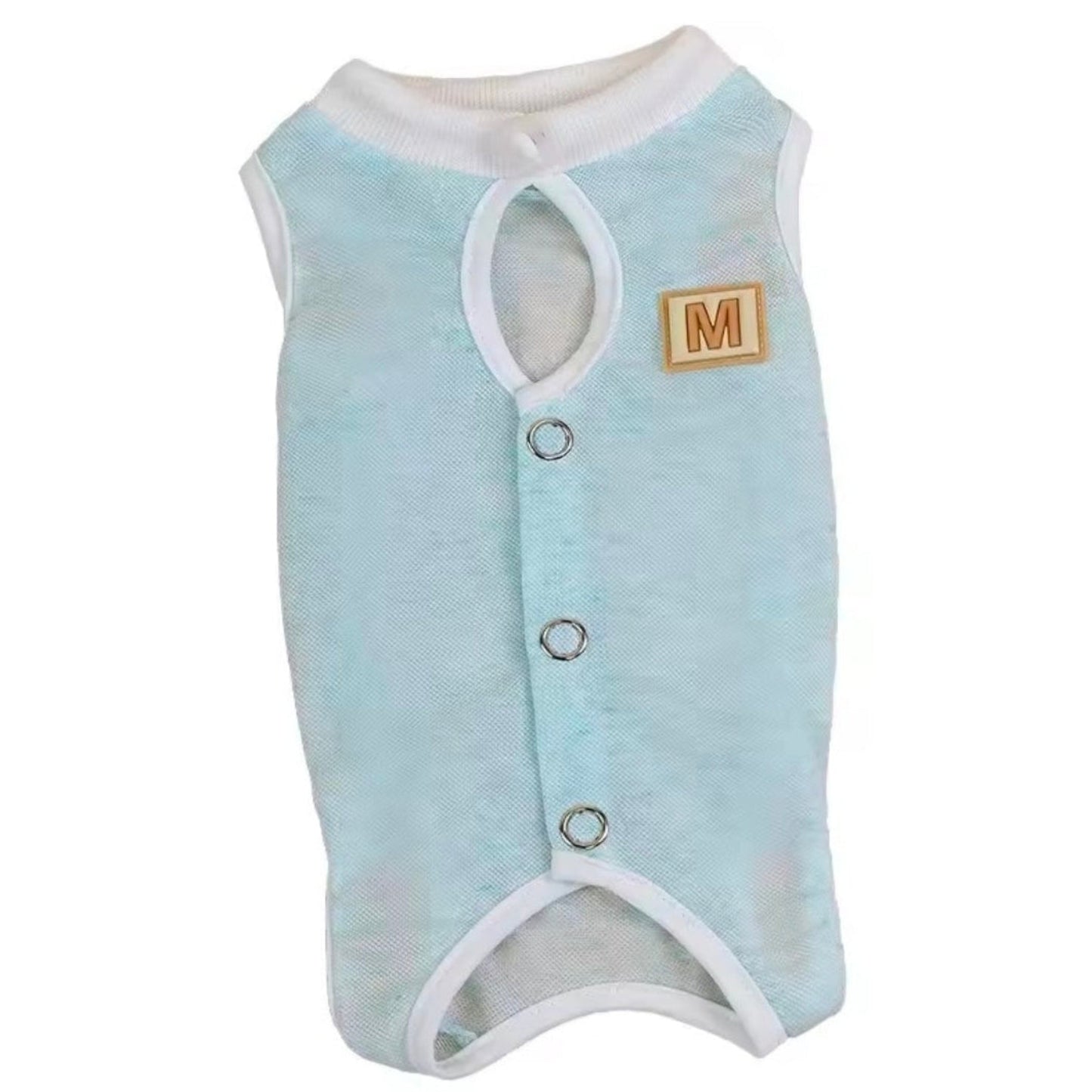 Light blue cat recovery suit with white trim on a white background