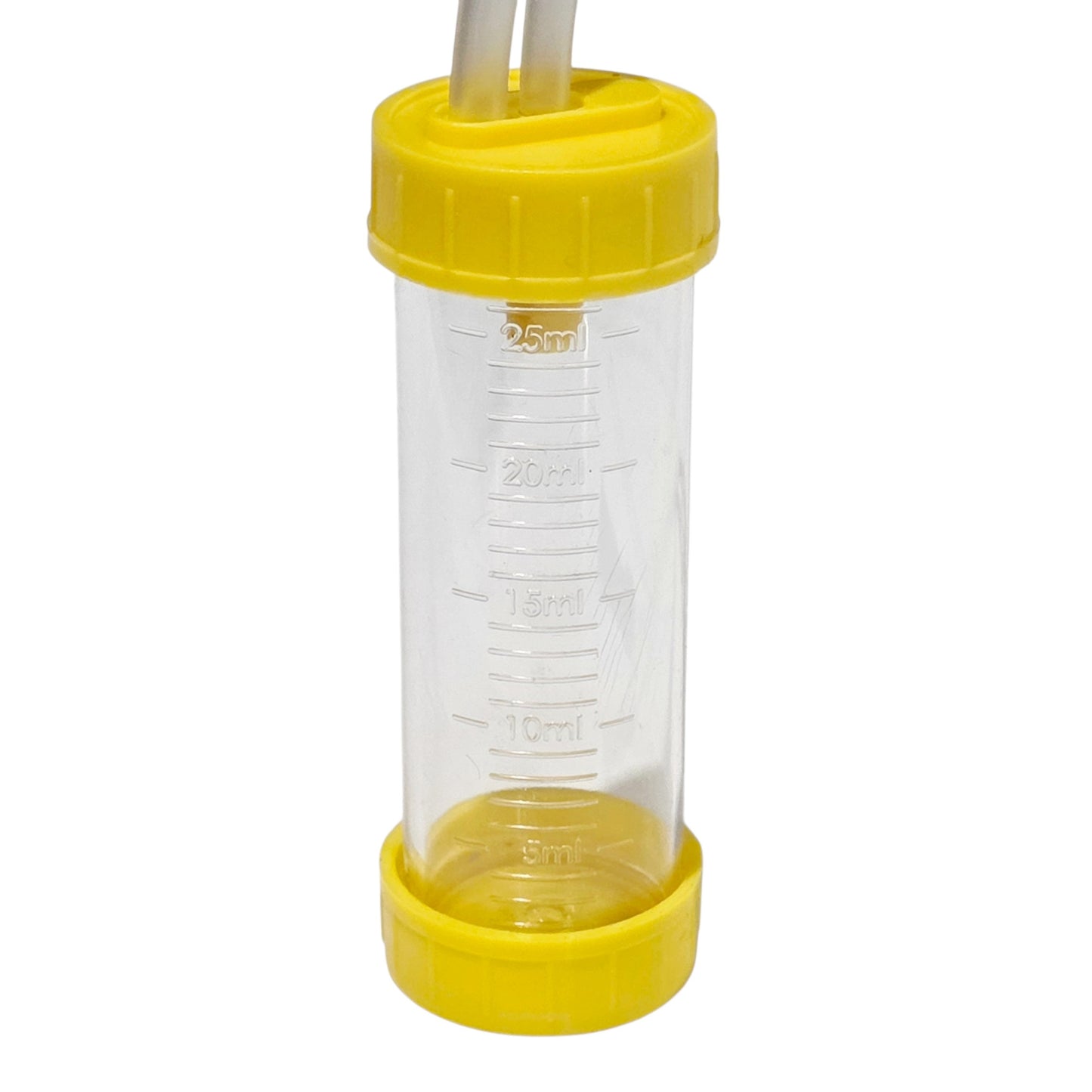 A clear plastic measuring chamber with yellow screw-on caps and two white tubes inserted at the top, shown on a plain white background.
