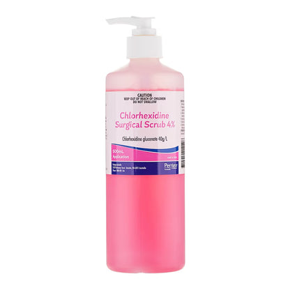 Pink bottle of Chlorhexidine Surgical Scrub with a pump on a white background